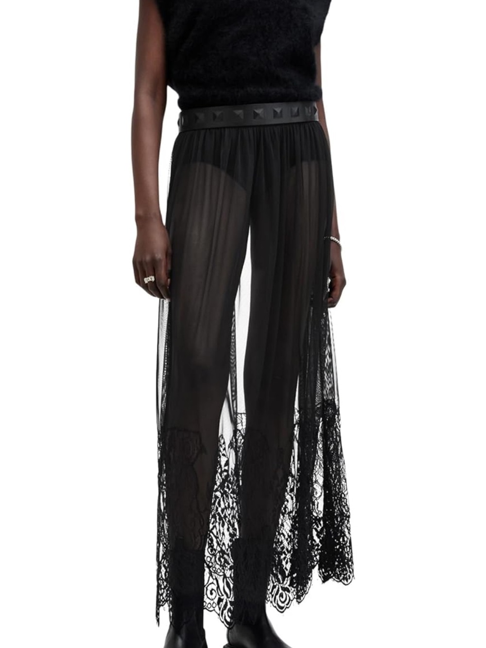 AllSaints Black Sheer Lace Midi Skirt